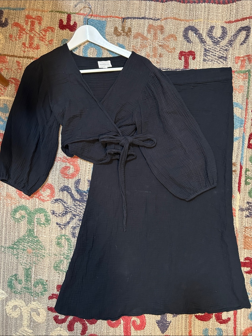 Honorine Black 100% Cotton Gauze Long-Sleeve Wrap Tie Waist with Midi Skirt
